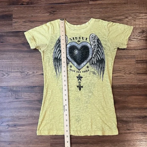 Sinful By Affliction Graphic Tee Women Small Yellow Rhinestone Grunge Biker Goth - Picture 3 of 7